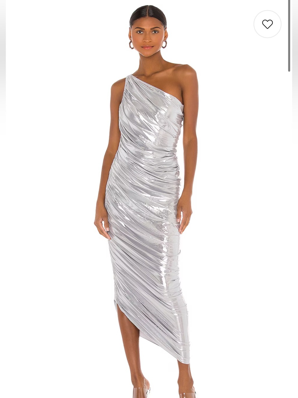 Norma Kamali One-Shoulder Metallic Silver Ruched Midi Dress